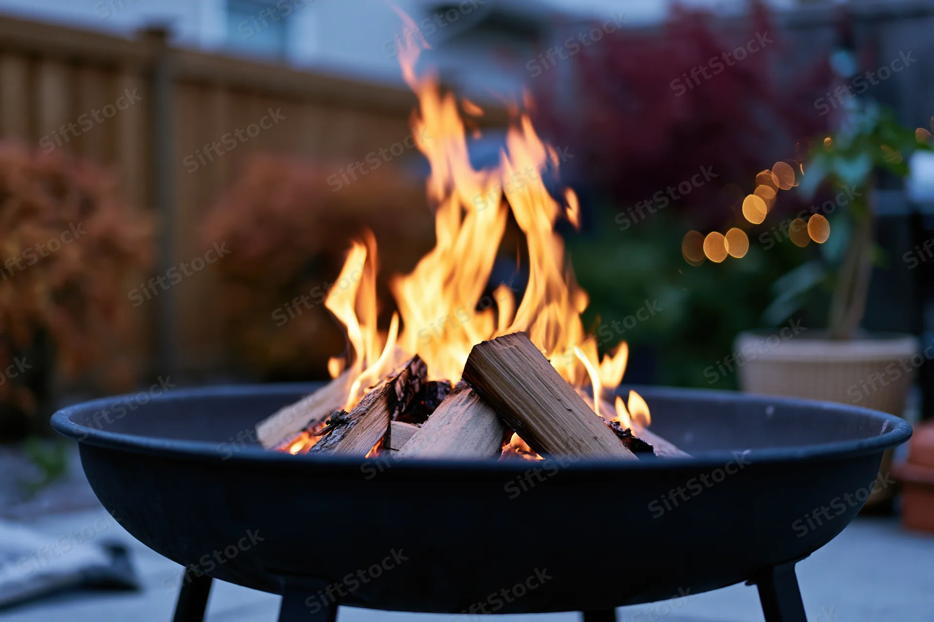 Fire burning in a black metal bowl fire pit on a backyard patio at dusk