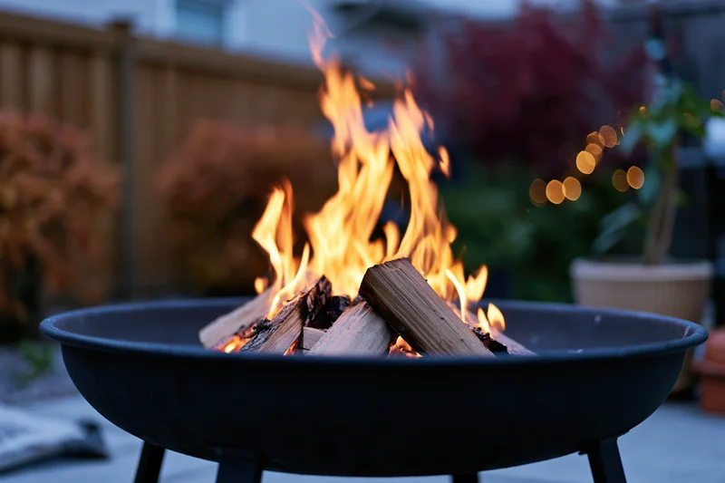 Fire burning in a black metal bowl fire pit on a backyard patio at dusk