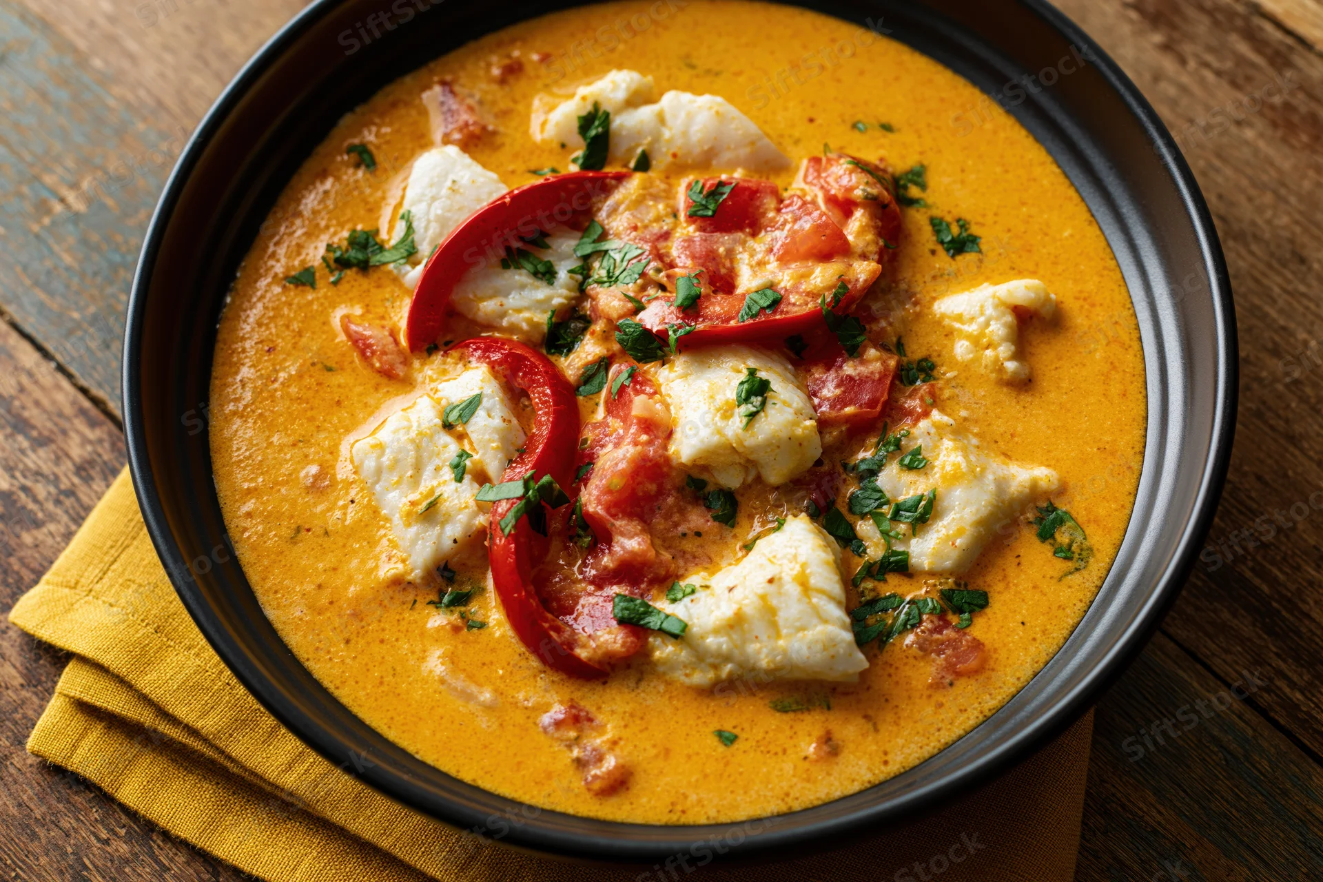 Creamy orange fish stew with tomato and pepper chunks in a black bowl on a wooden table