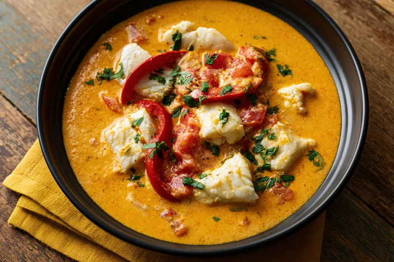Creamy orange fish stew with tomato and pepper chunks in a black bowl on a wooden table