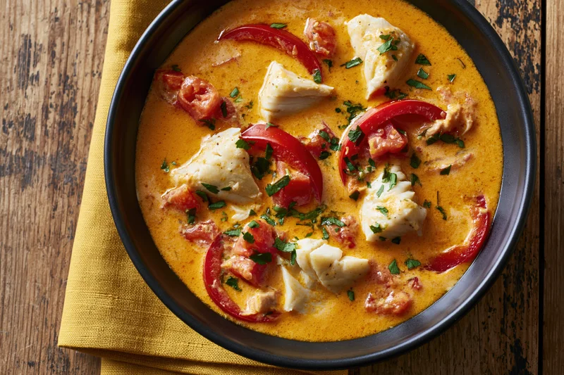 Creamy orange fish stew with tomato and cilantro in a black bowl on a wooden table