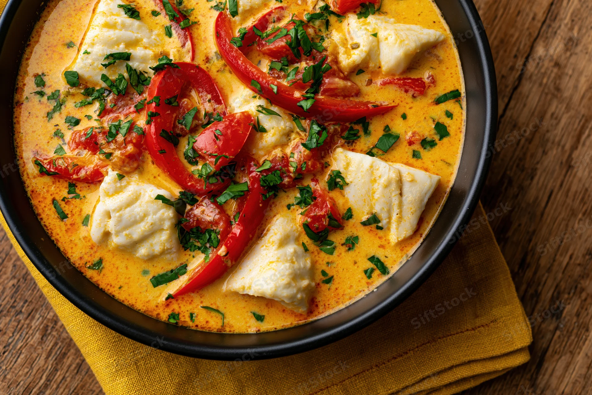Creamy orange fish stew with tomatoes and peppers in a black bowl on a wooden table