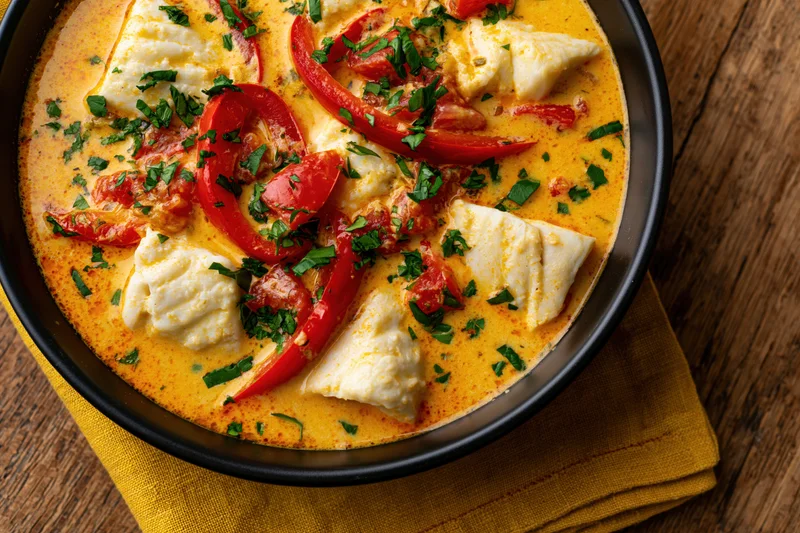 Creamy orange fish stew with tomatoes and peppers in a black bowl on a wooden table