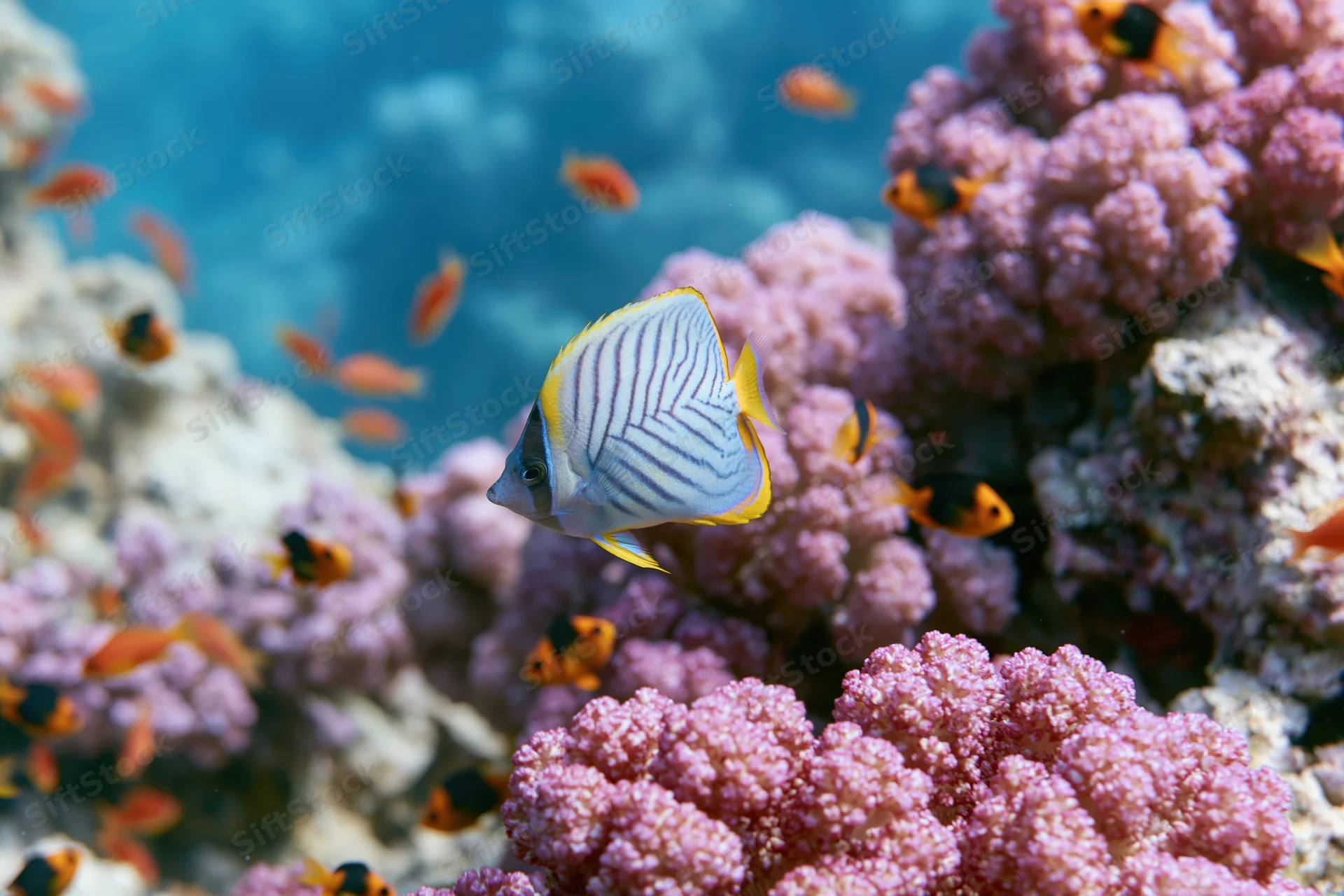 Blue-striped butterflyfish swimming among pink coral formations in a tropical reef environment