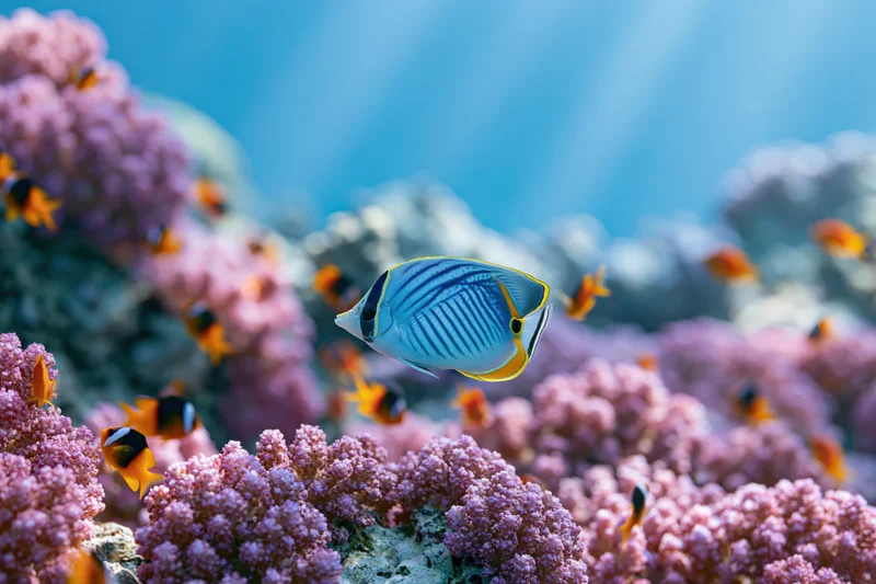 Blue-striped butterflyfish swimming midwater among pink soft coral in a tropical reef ecosystem