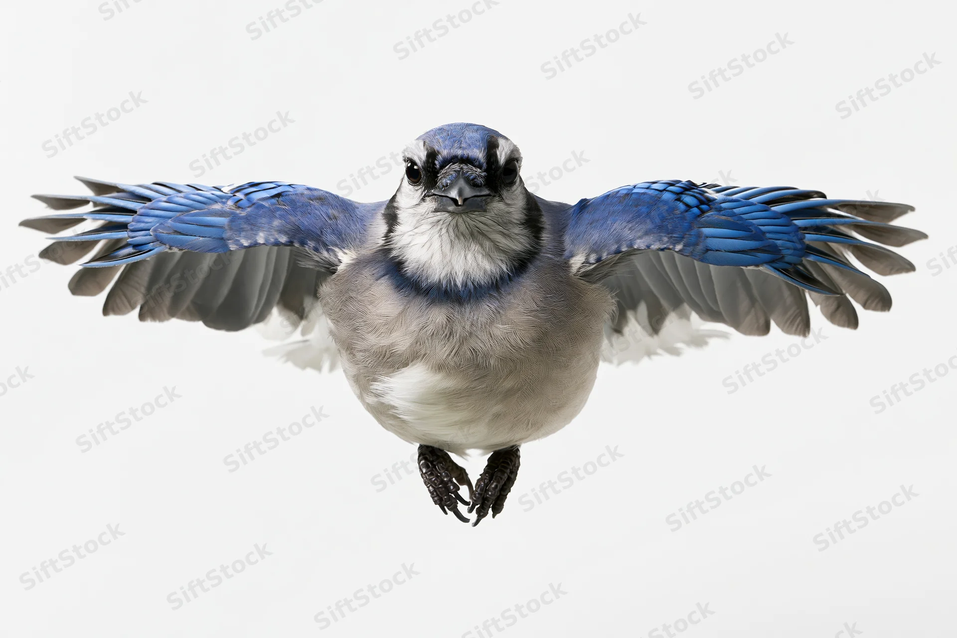 Blue jay in mid-flight with wings fully spread against white background