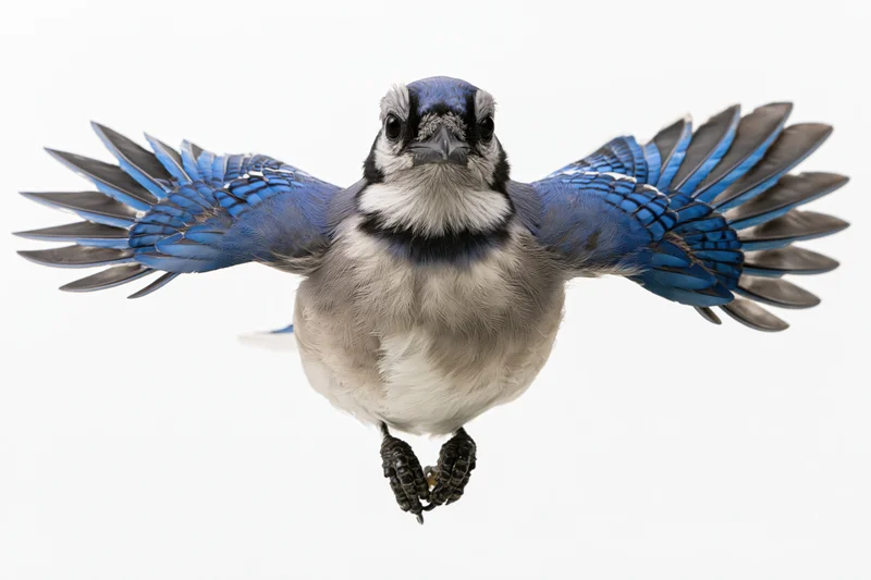 Blue jay in mid-flight with wings fully spread against white background