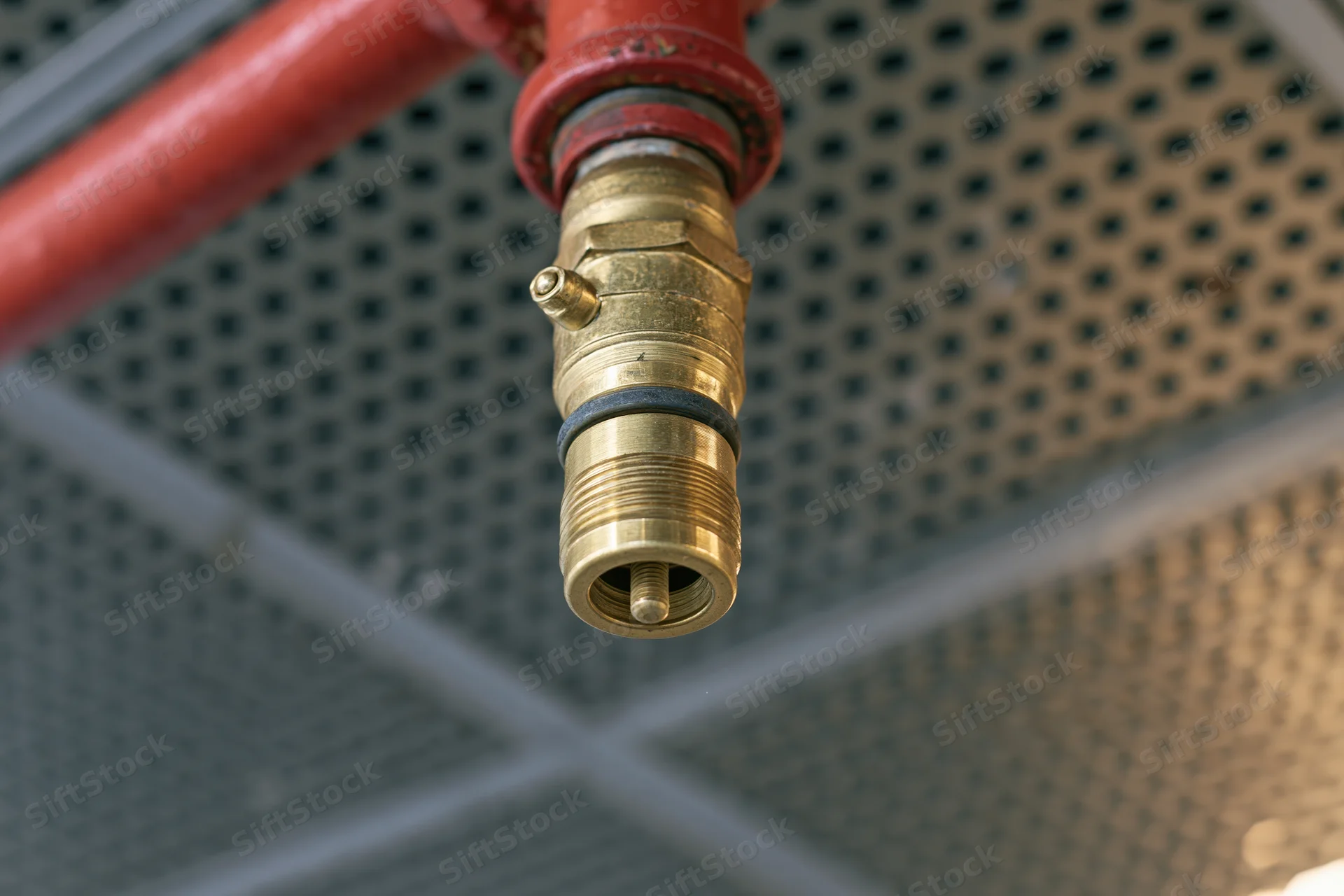Brass fire sprinkler head mounted on red pipe against perforated ceiling
