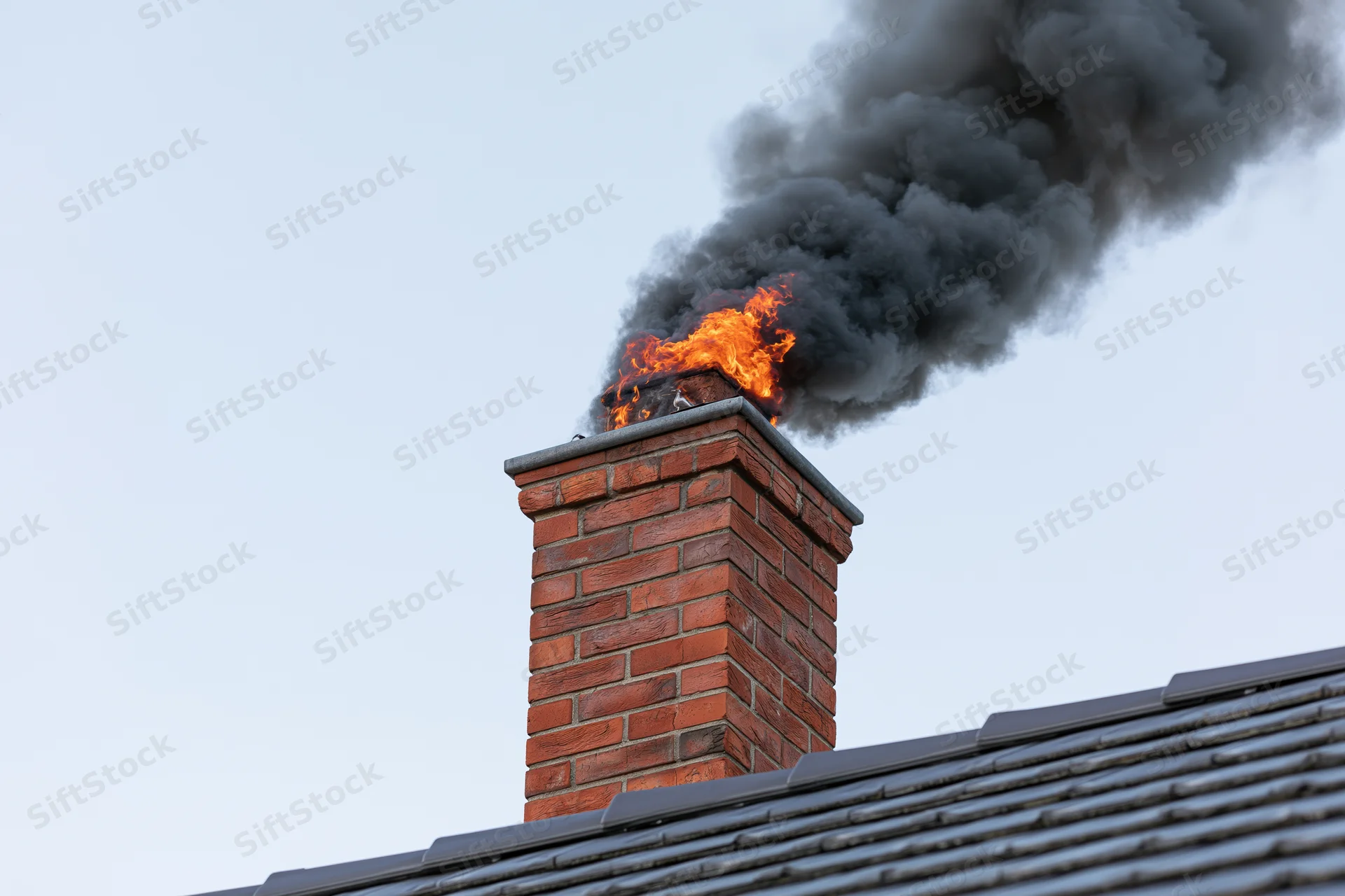 Brick chimney on a residential roof burning with flames and thick black smoke against the sky