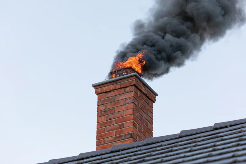 Brick chimney on a residential roof burning with flames and thick black smoke against the sky