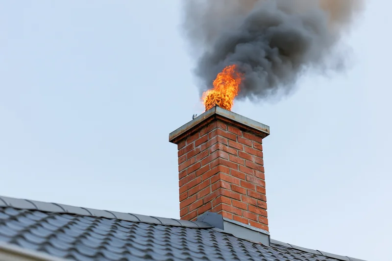 Brick chimney on a residential rooftop with flames and thick smoke billowing from it