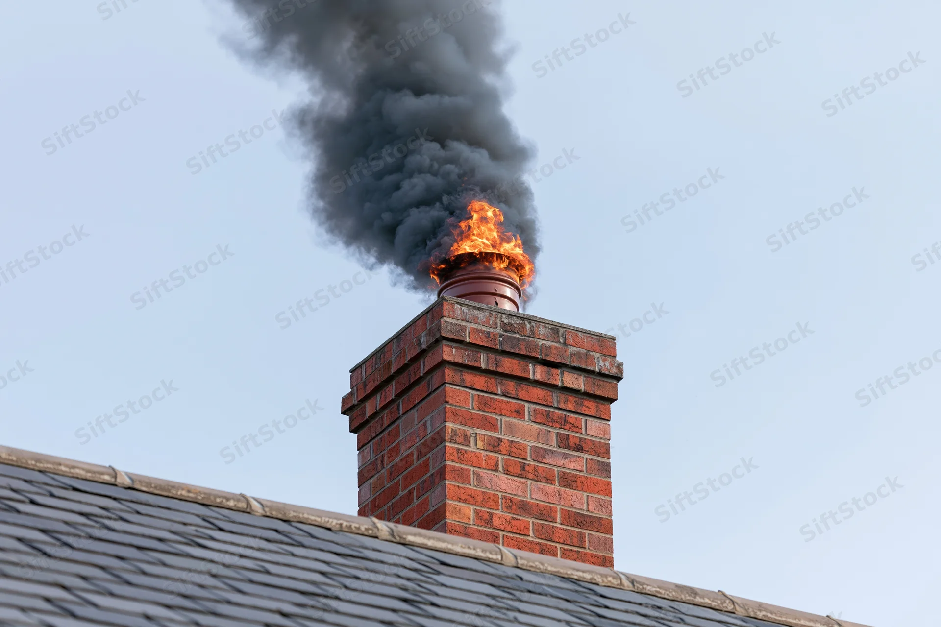Brick chimney on a residential rooftop with flames and thick black smoke billowing from the flue