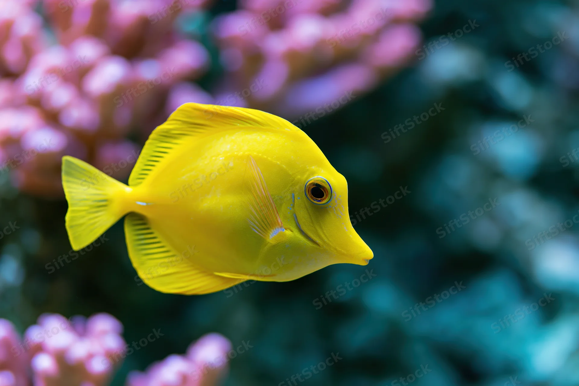 Bright yellow tang fish swimming near pink coral in underwater reef environment