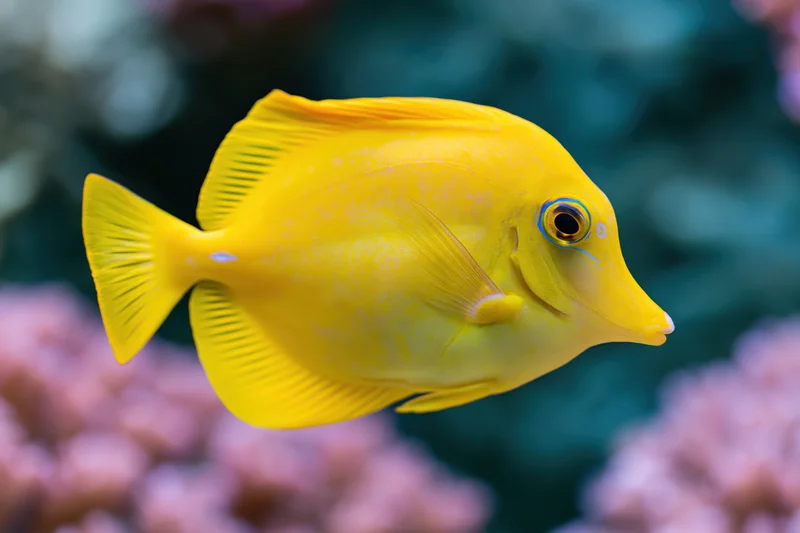Bright yellow tang fish swimming near coral reef in aquarium