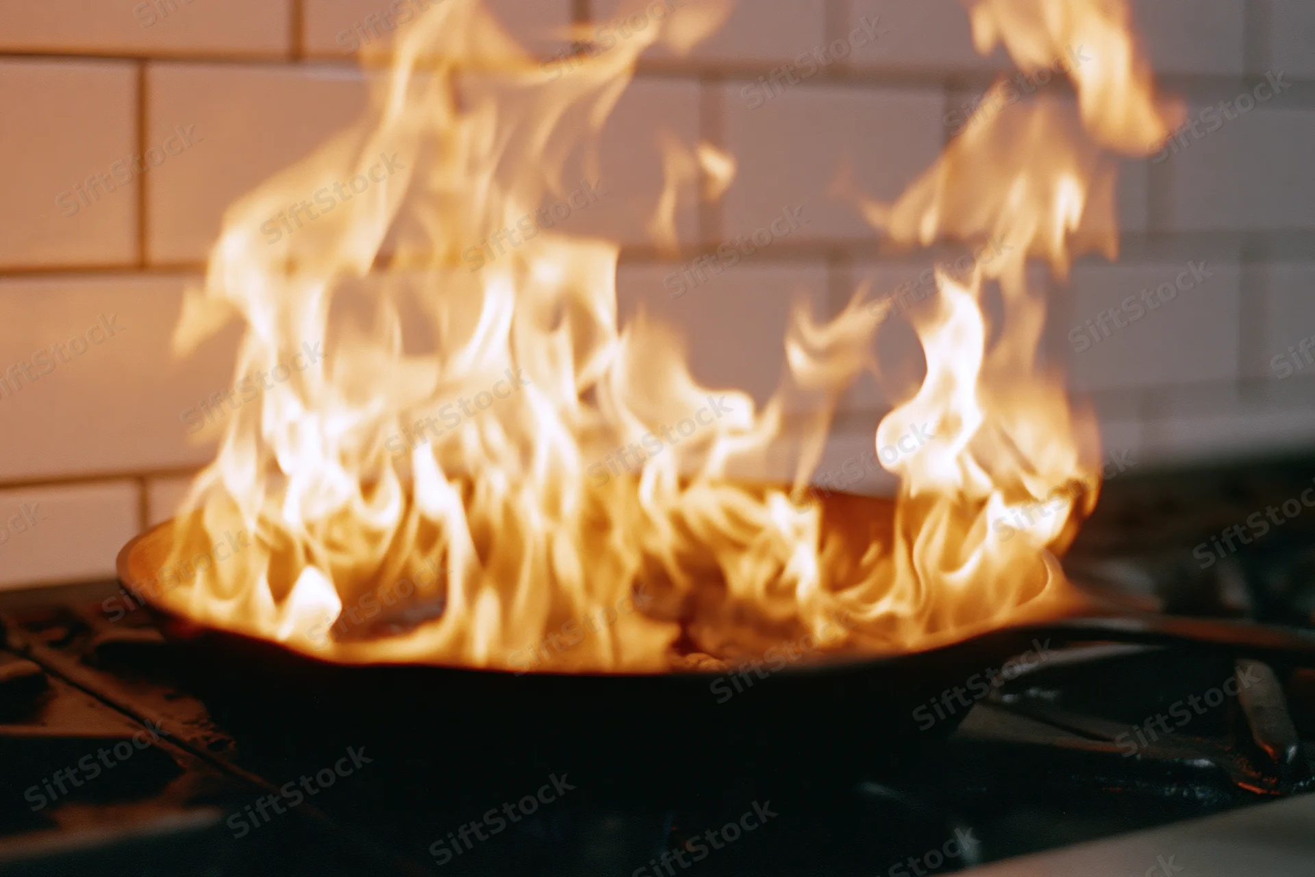 Flames rising from a cast iron pan on a gas stove in a kitchen