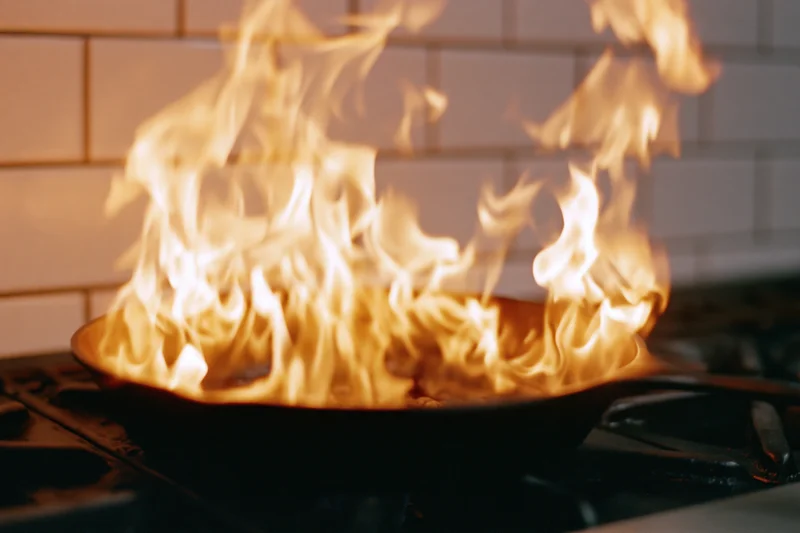 Flames rising from a cast iron pan on a gas stove in a kitchen