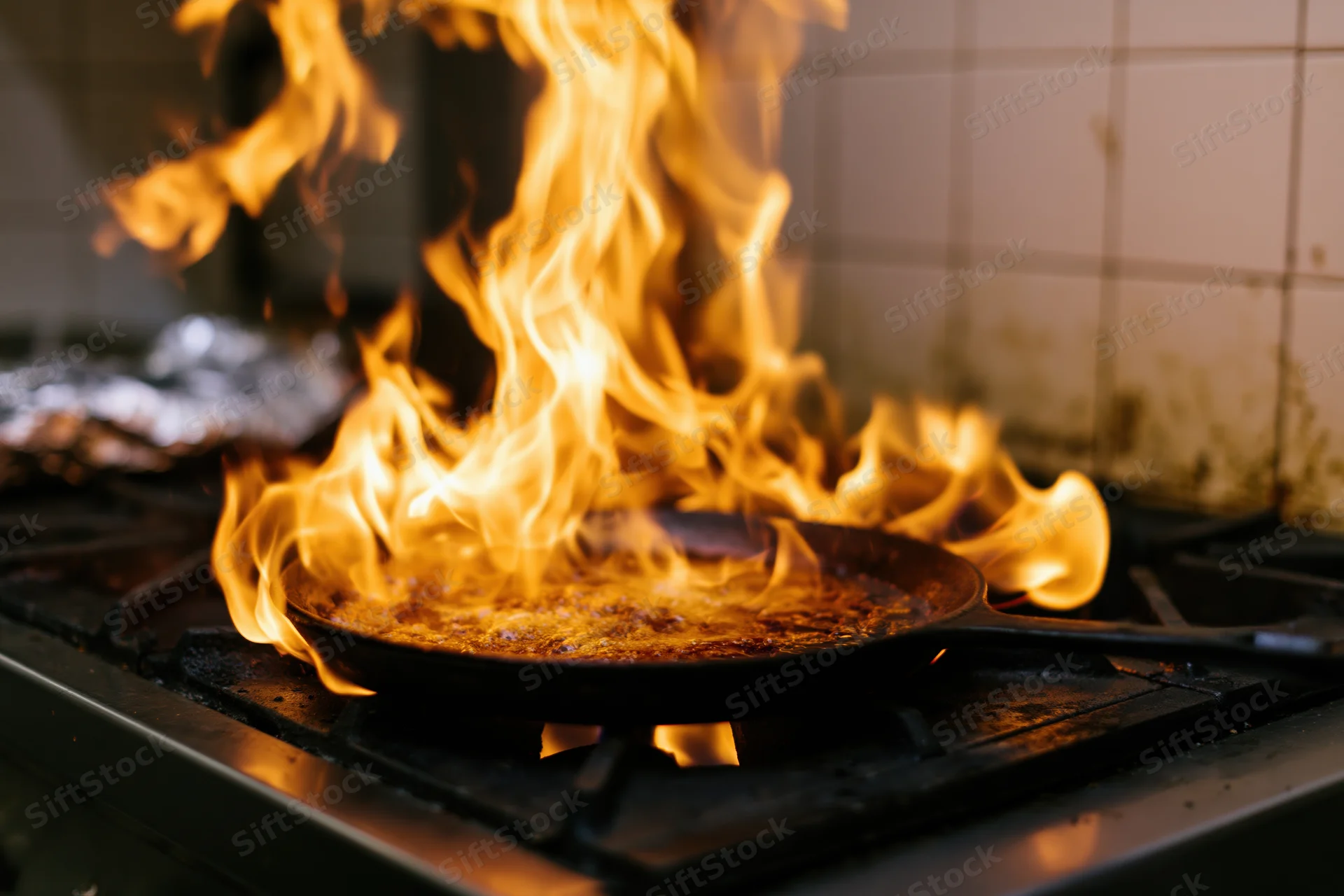 Cast iron skillet with tall flames on gas stove in commercial kitchen