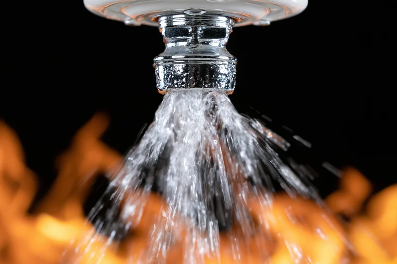 Chrome fire sprinkler head spraying water against a dark background with blurred orange flames below