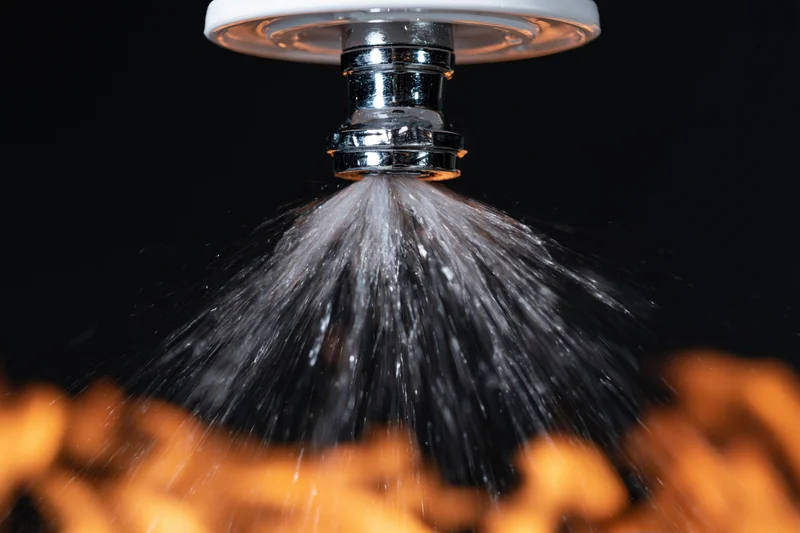 Chrome fire sprinkler head spraying water from white ceiling plate against black background