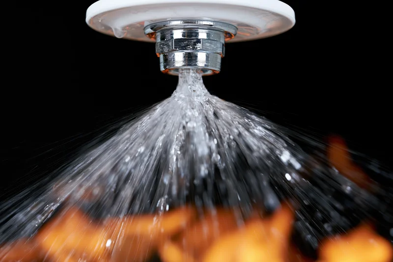 Fire sprinkler head spraying water from a white ceiling plate against black background