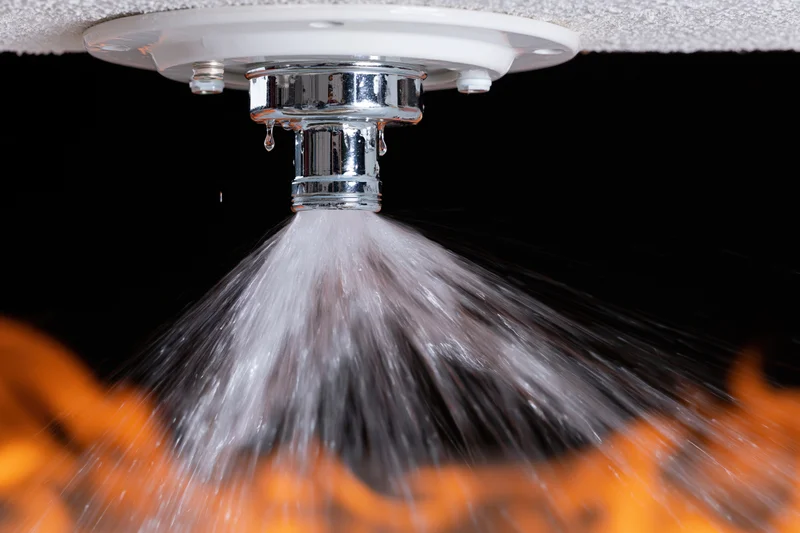 Chrome fire sprinkler head spraying water from ceiling plate