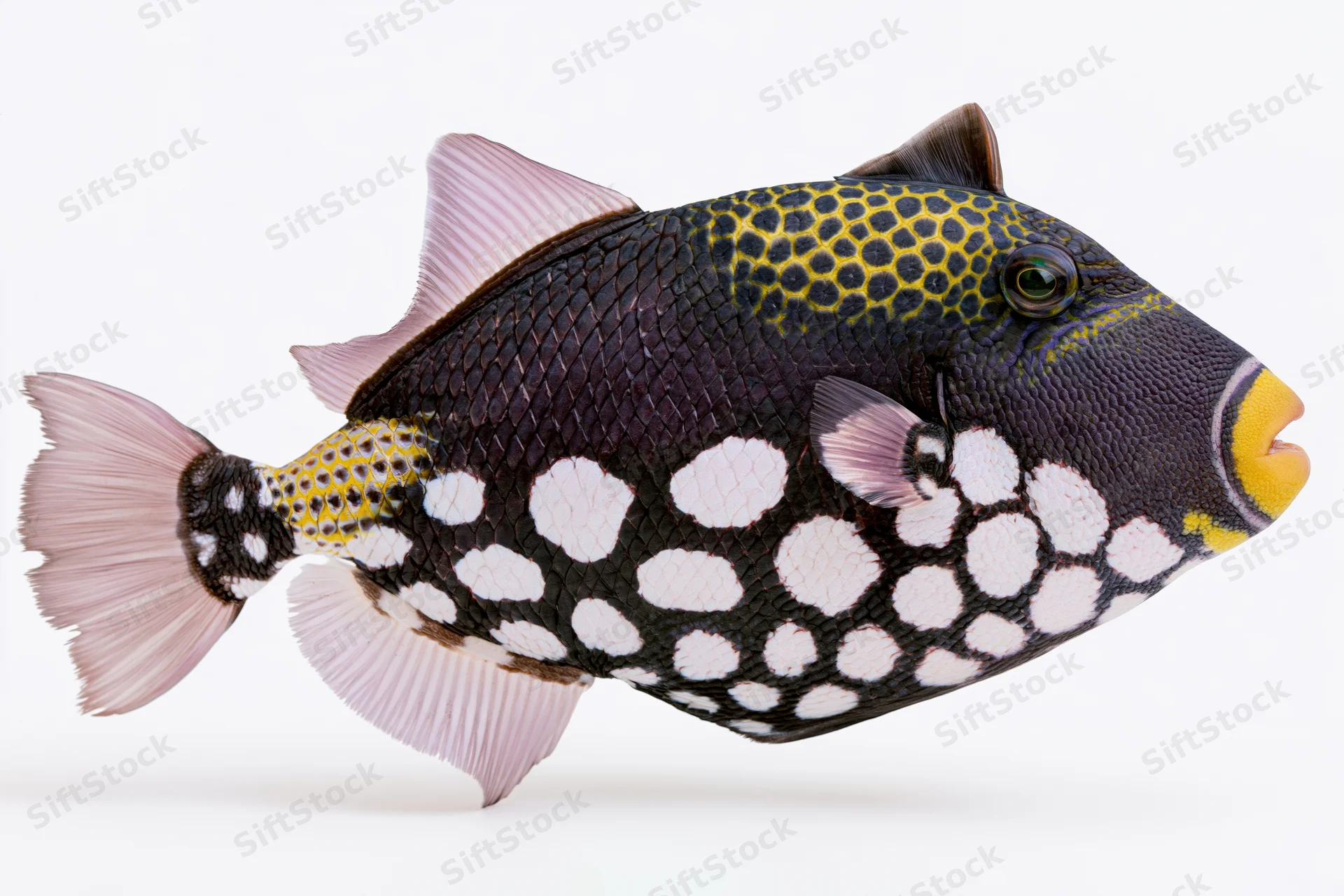 Clown triggerfish in full lateral profile against white background