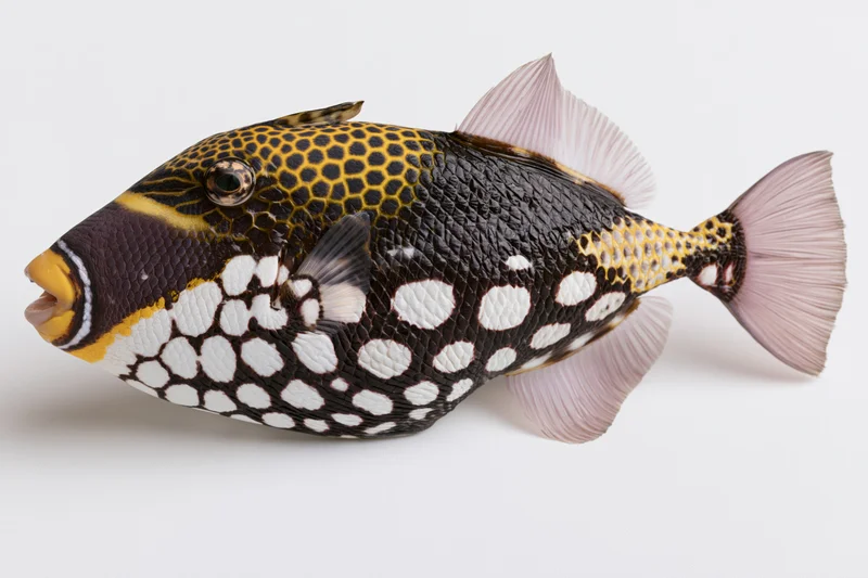 Clown triggerfish in full lateral profile against white background