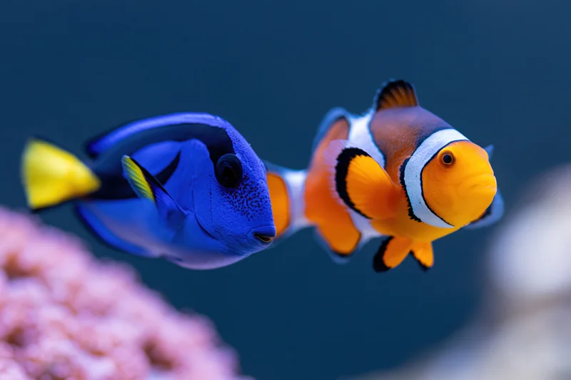 Clownfish and blue tang swimming near coral in a saltwater aquarium