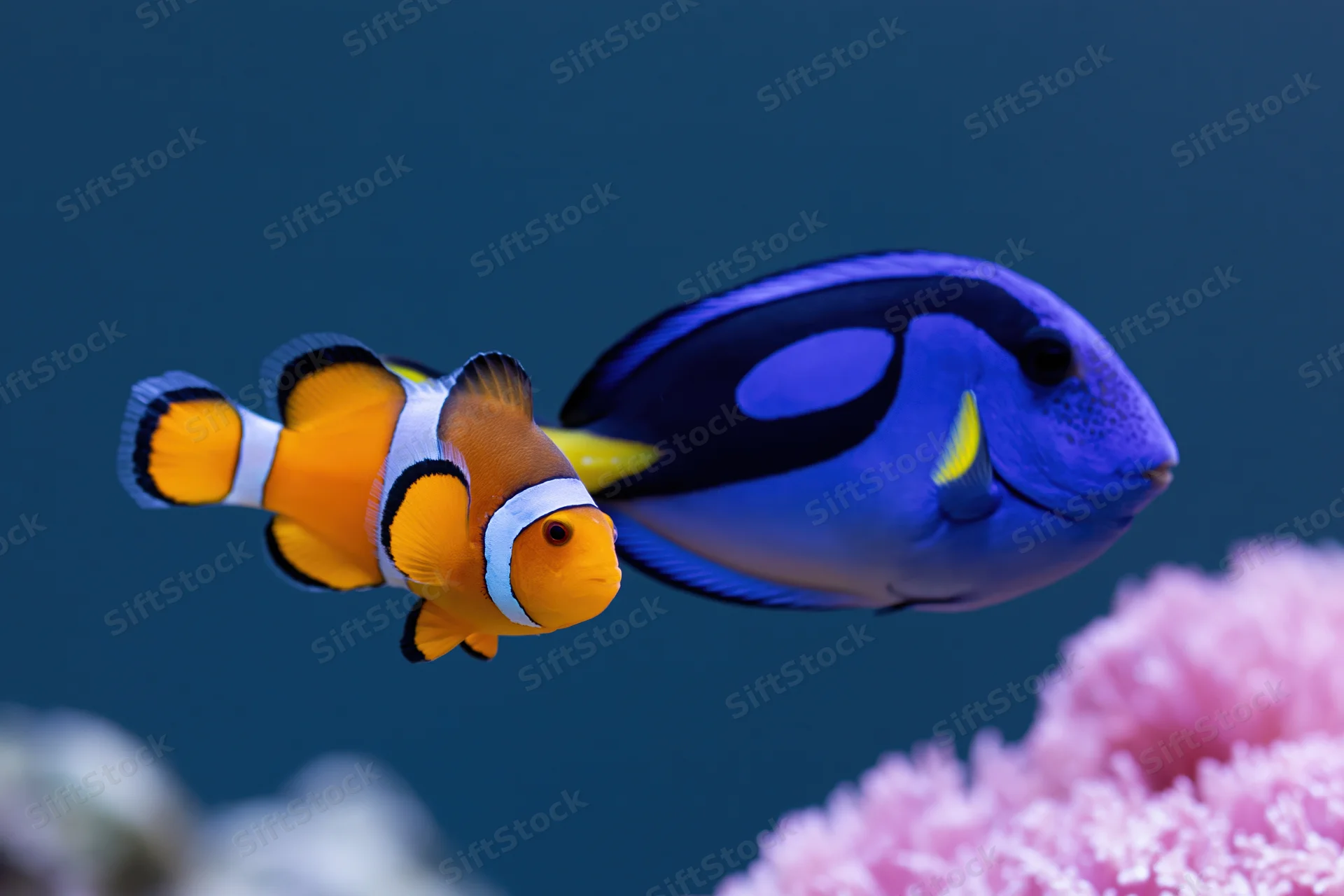 Clownfish and blue tang swimming near coral in a saltwater aquarium