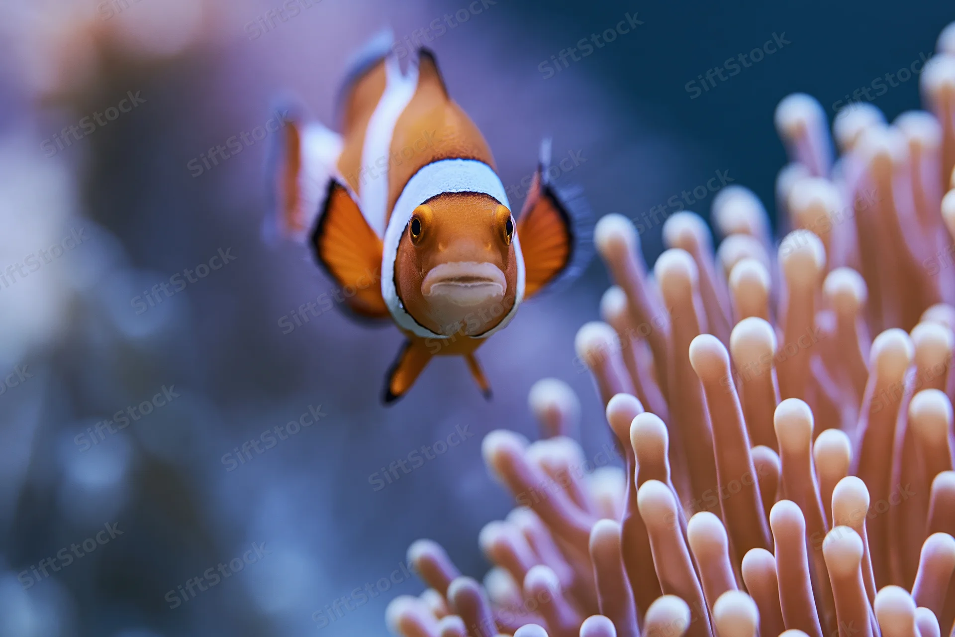 Clownfish hovering near sea anemone tentacles in underwater reef environment