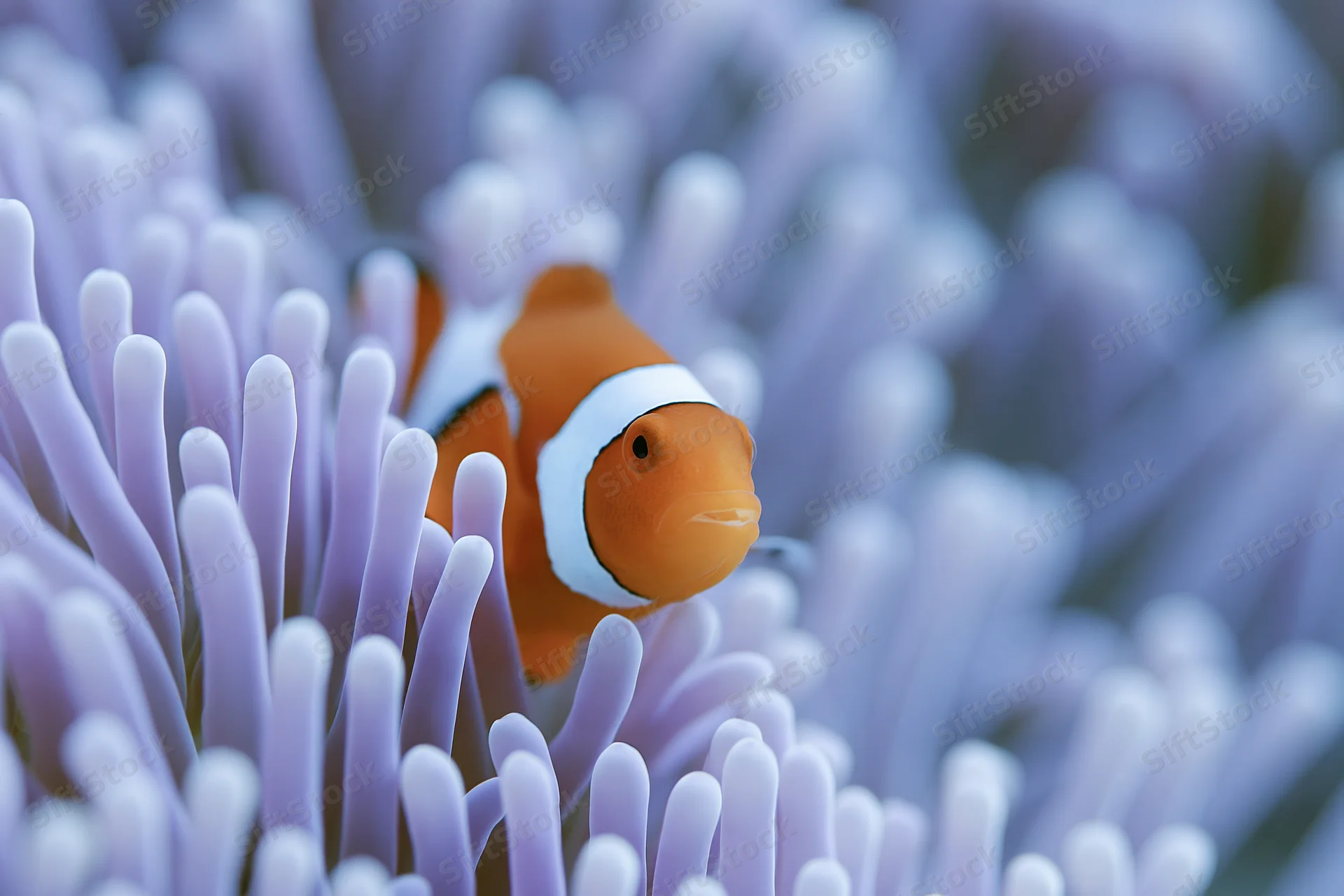 Clownfish nestled among pale lavender sea anemone tentacles underwater