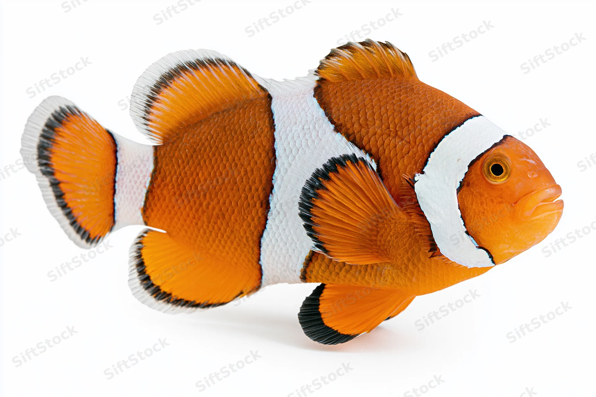 Clownfish swimming against a pure white background