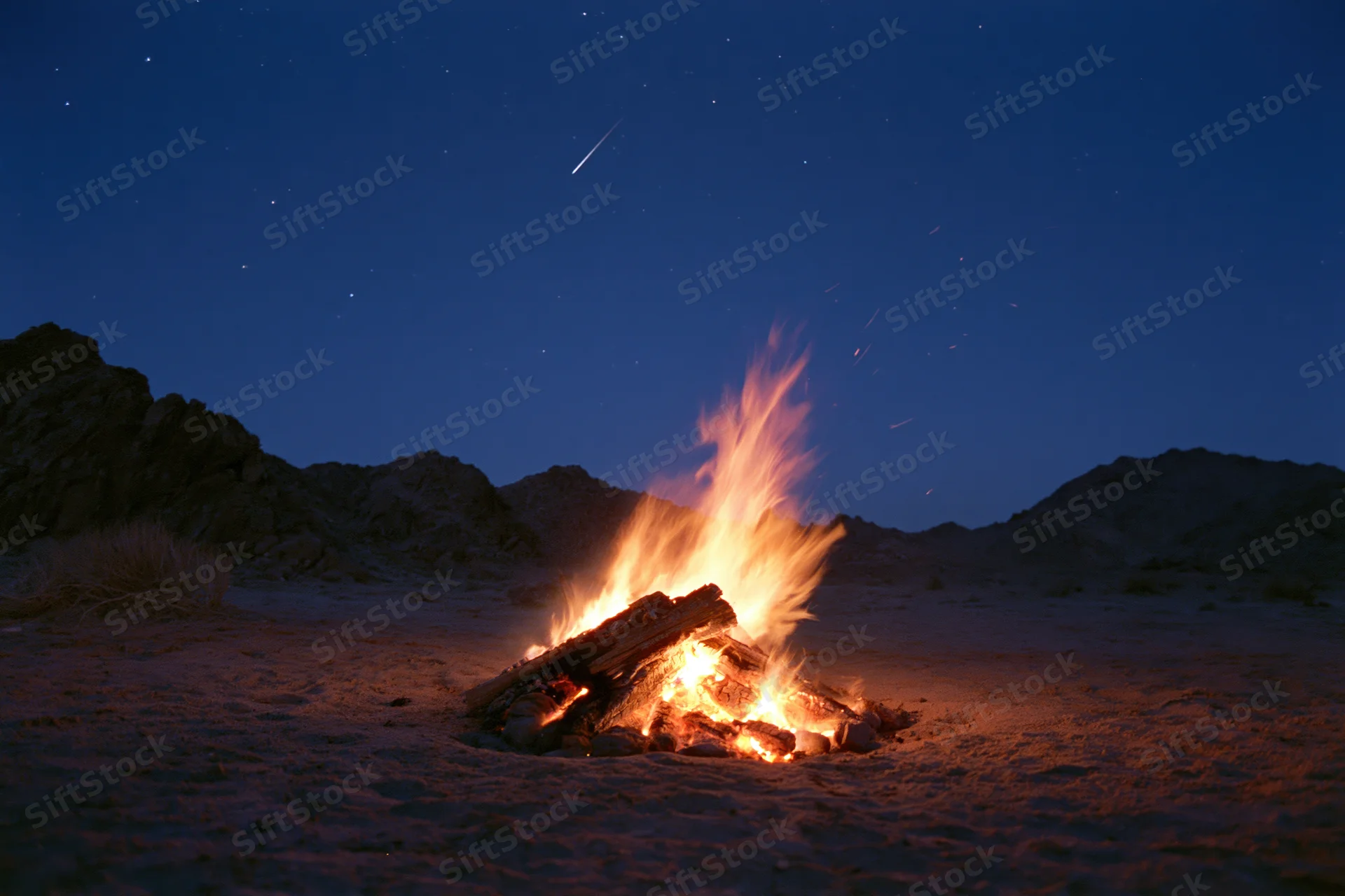 Campfire burning on open desert ground at night under starry sky