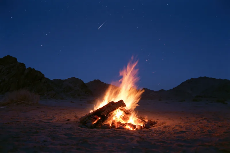 Campfire burning on open desert ground at night under starry sky