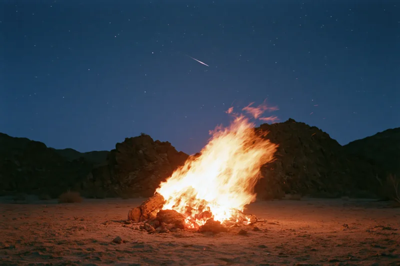 Campfire burning vigorously on open desert ground at night under starry sky with meteor streaking across it