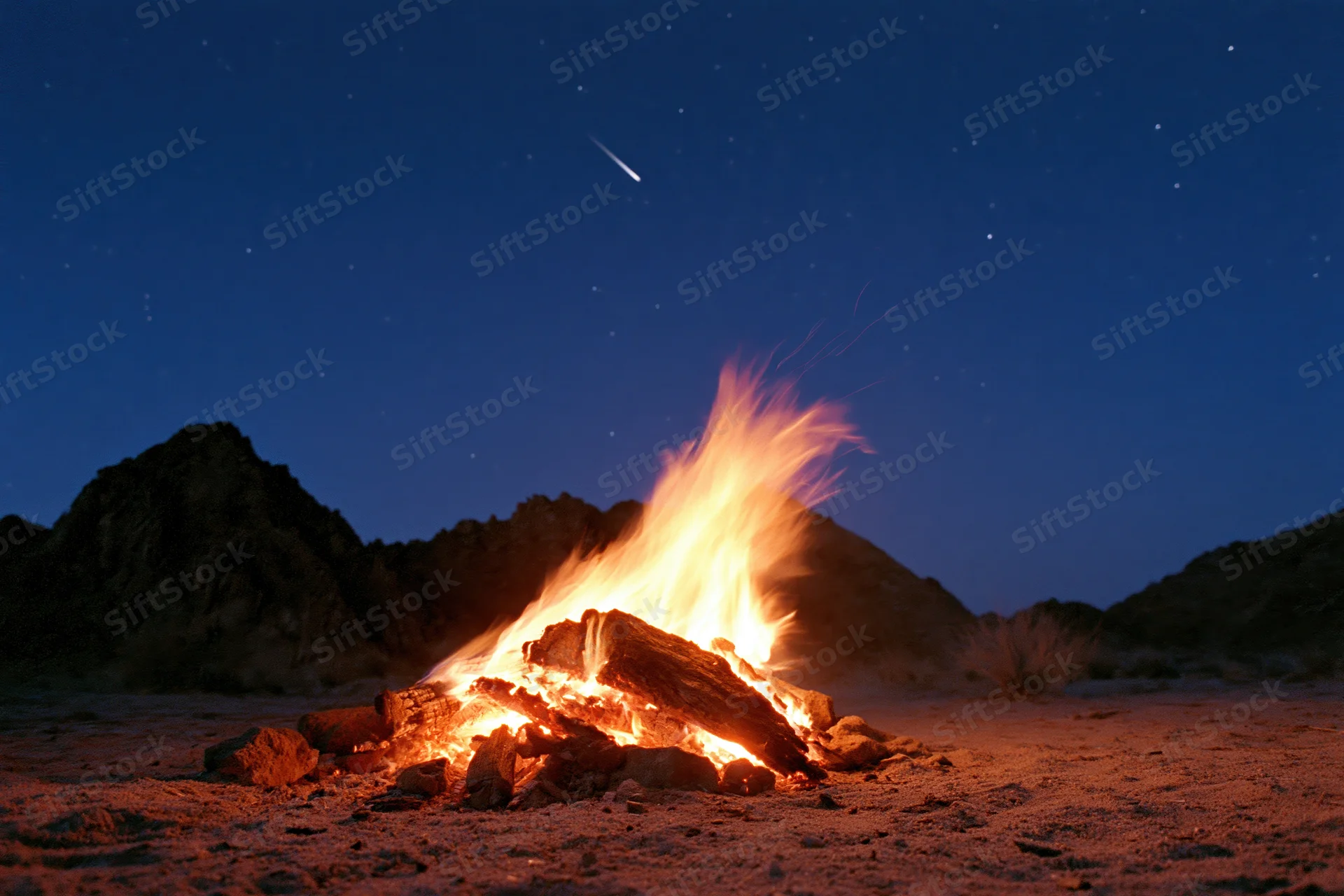Crackling campfire burning on open desert ground at night under starry sky with shooting star