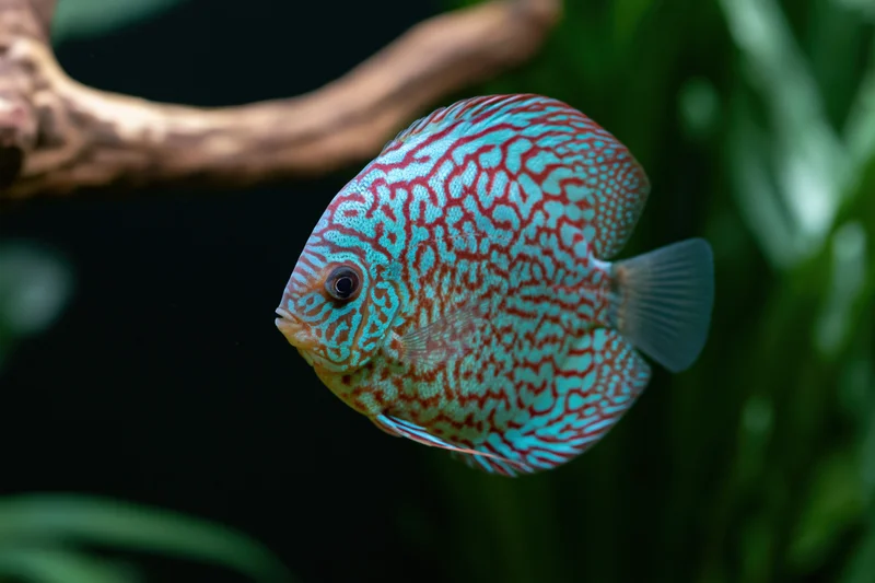 Discus fish swimming in an aquarium with green plants and driftwood