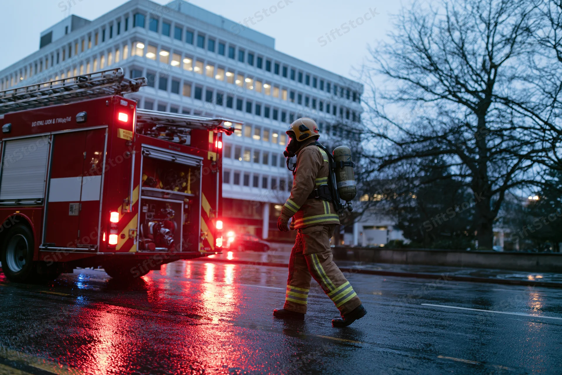 Firefighter in full gear walking beside firetruck on wet city street at dusk