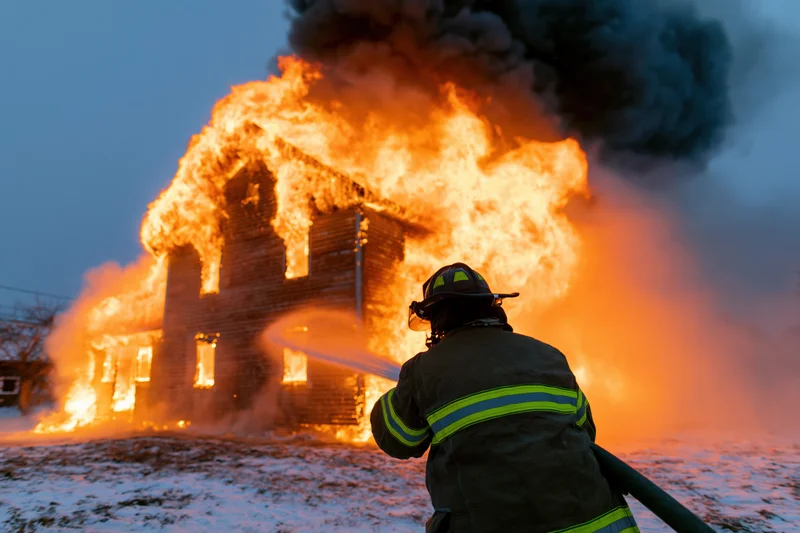 Firefighter aiming hose at burning house in snowy twilight