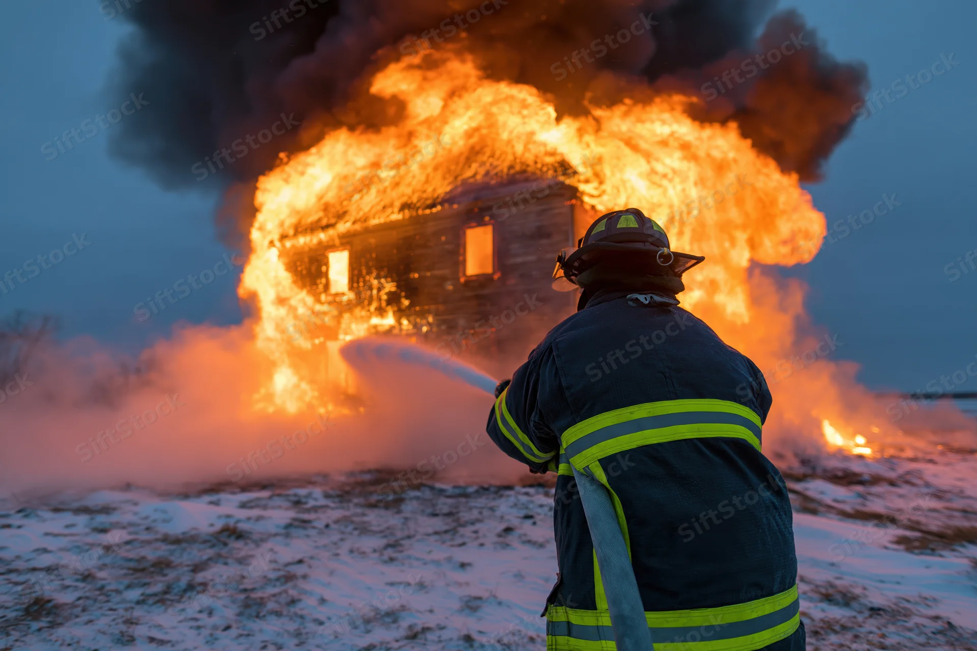 Firefighter aiming hose at burning house in snowy field at twilight