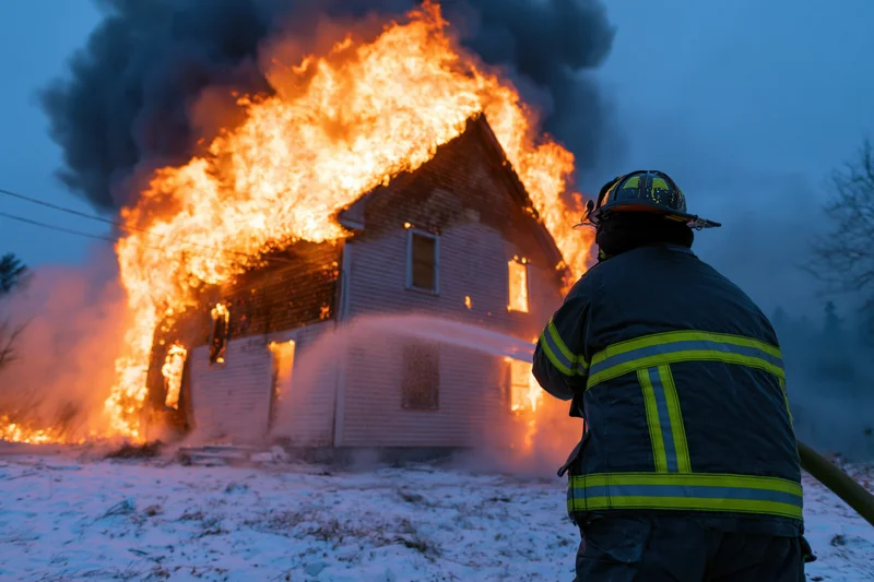 Firefighter in turnout gear spraying water from hose at burning house in snowy night