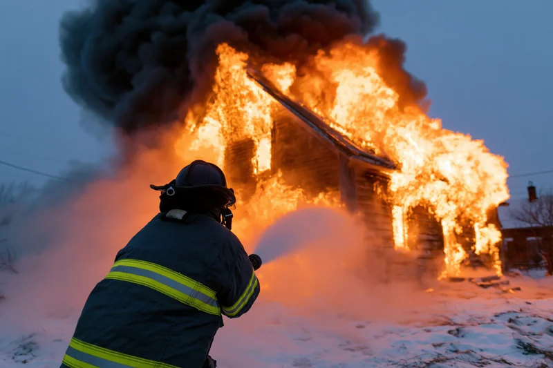 Firefighter spraying water from hose at burning house in snowy winter night