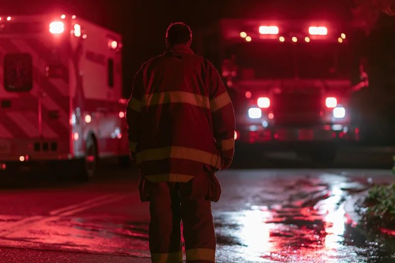 Firefighter in turnout gear standing on wet street at night between ambulance and firetruck with flashing red lights