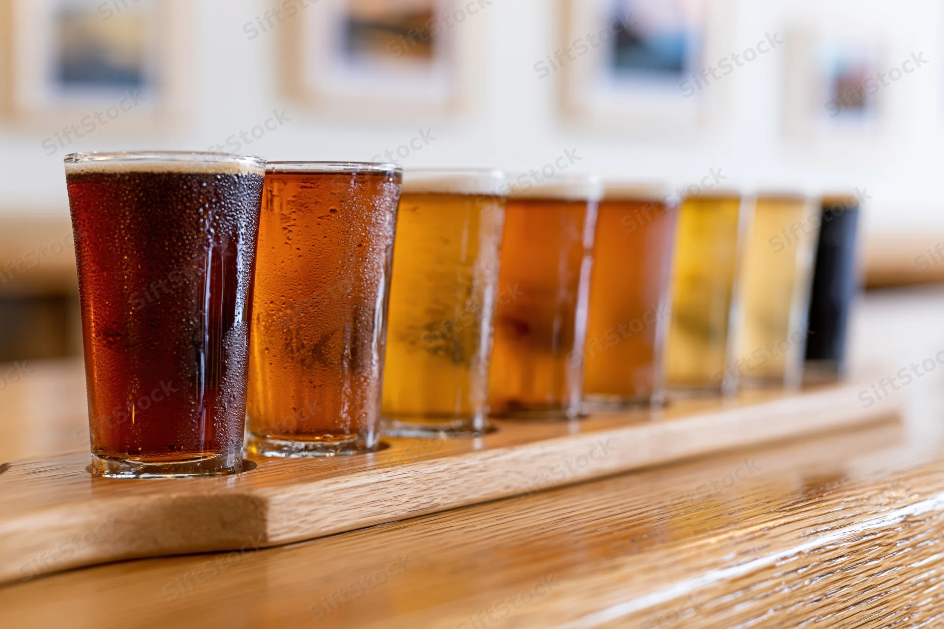 Eight craft beers in small glasses arranged on a wooden tray at a bar