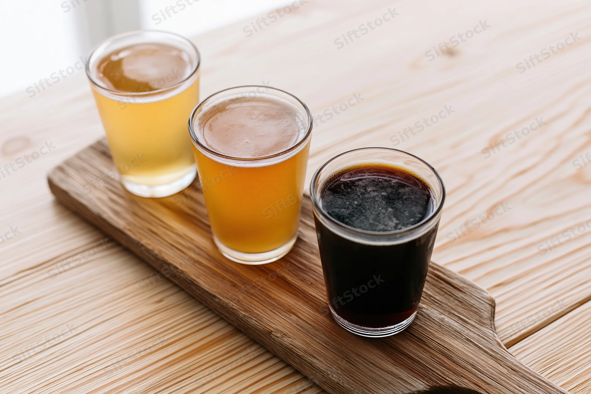 Three small beer glasses with different colored brews arranged diagonally on a wooden serving tray