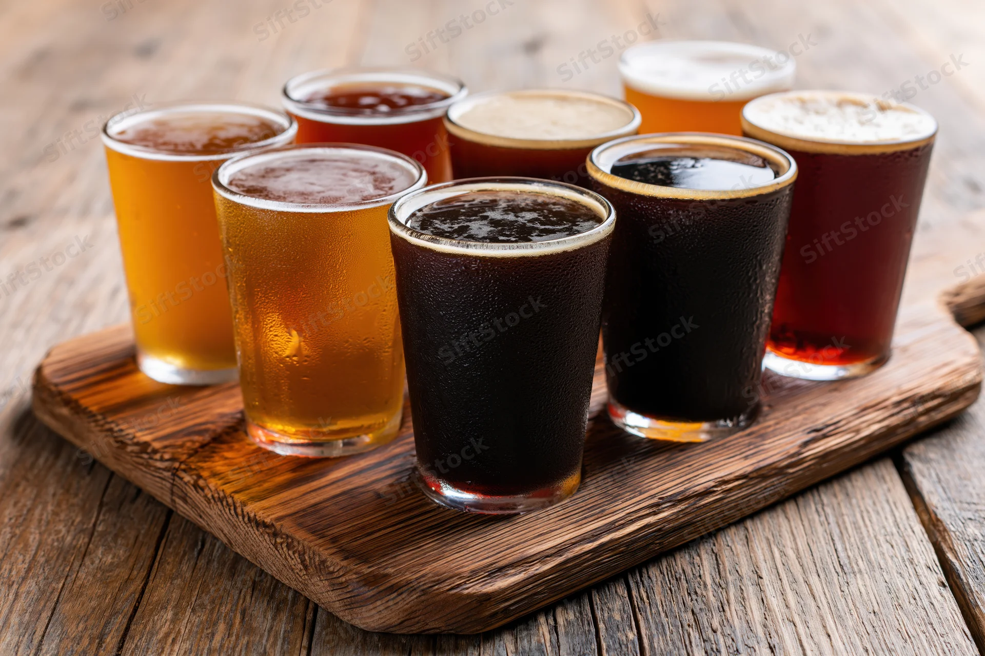 Seven craft beers in glasses arranged on a wooden tray