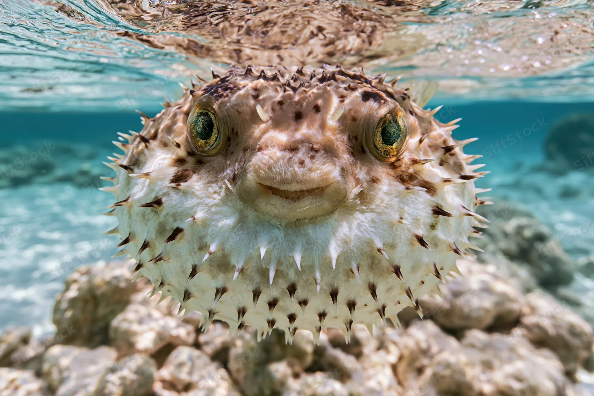 Inflated porcupinefish hovering near camera underwater over coral reef