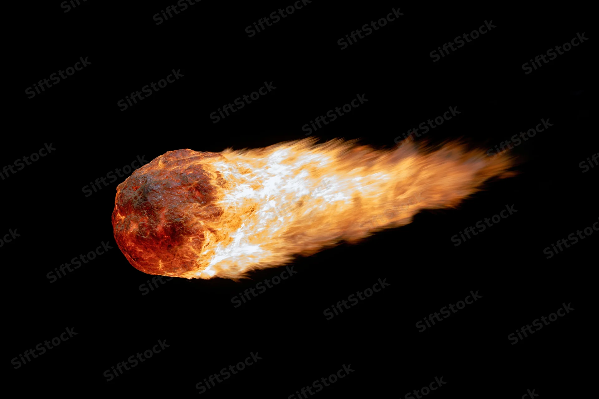 Glowing meteor with fiery trail moving diagonally across black space