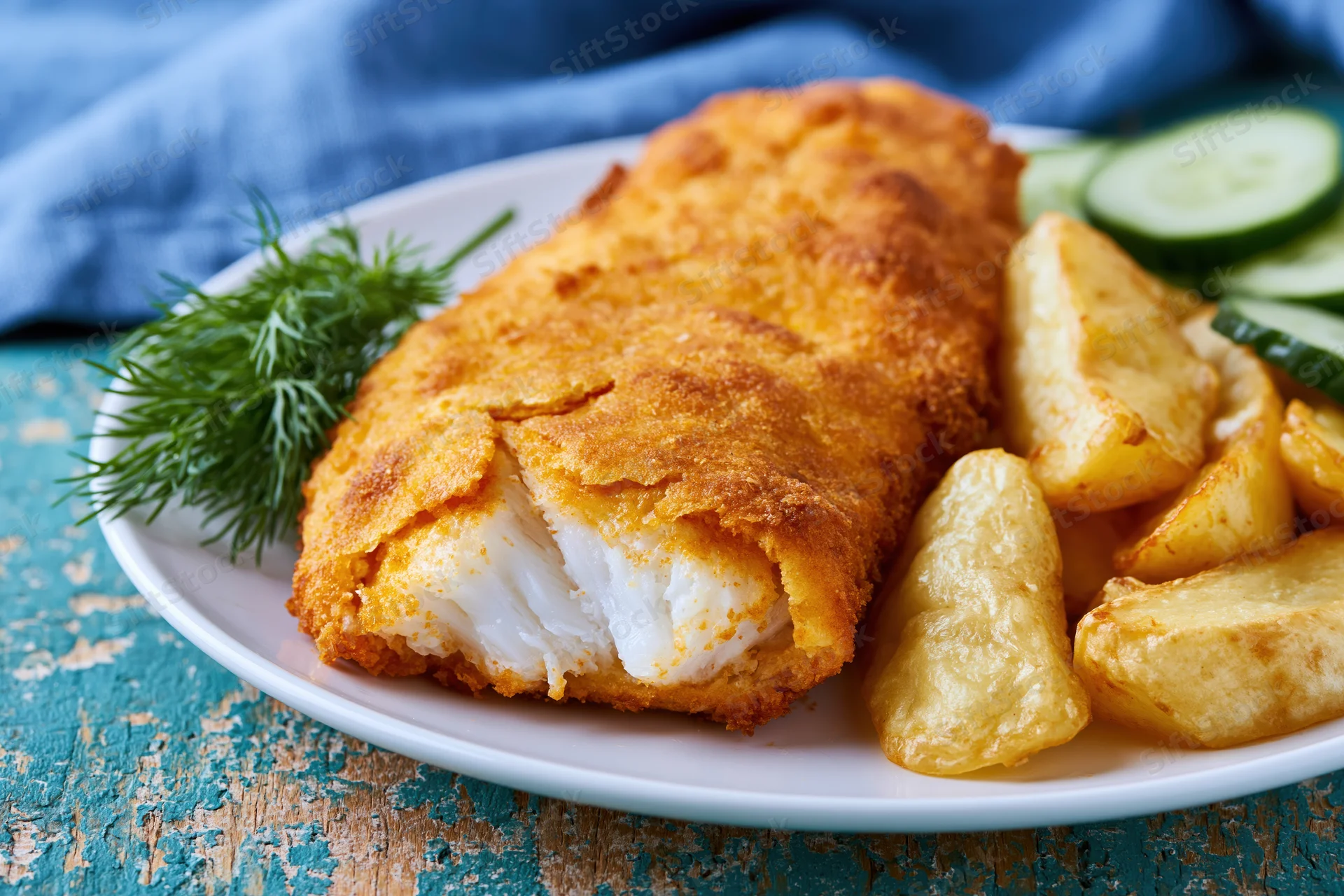 Golden breaded fish fillet with cracked crust revealing white flaky interior served with potato wedges and cucumber on a white plate