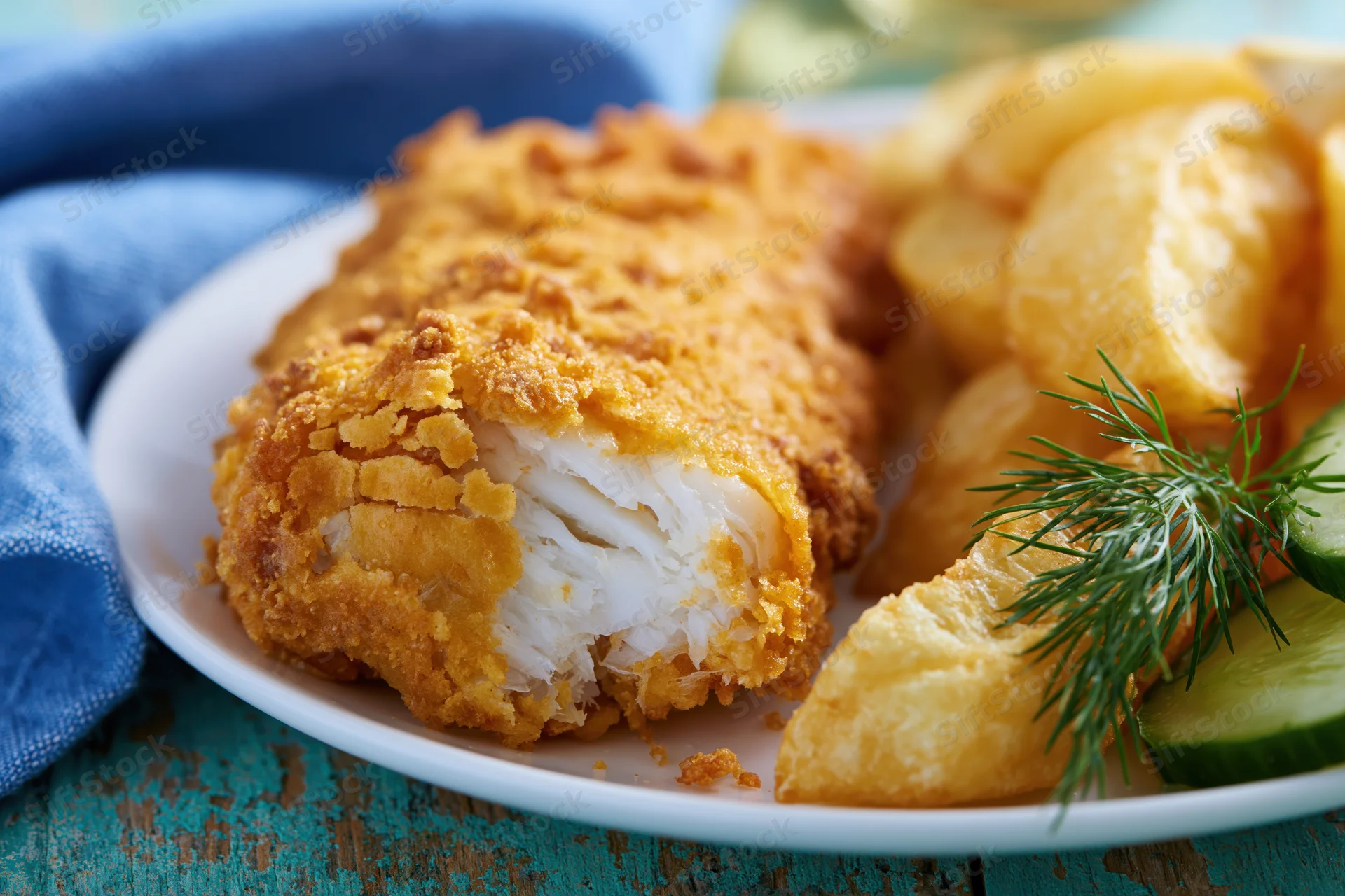 Golden breaded fish fillet with crispy crust and potato wedges on a white plate with dill and cucumber garnish